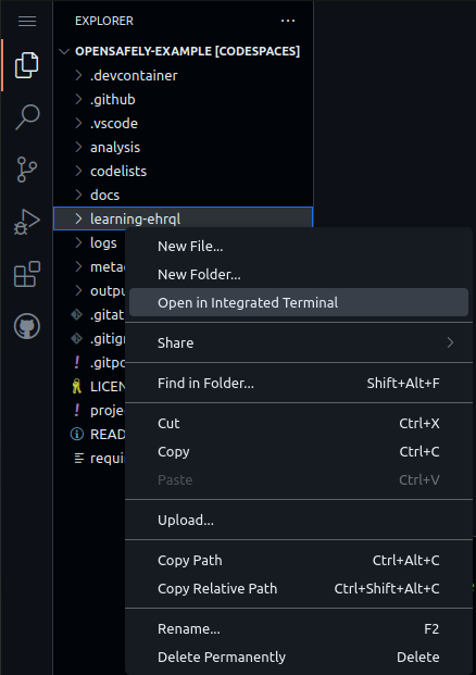 A screenshot showing the "Open in Integrated Terminal" option in the Visual Studio Code File Explorer.